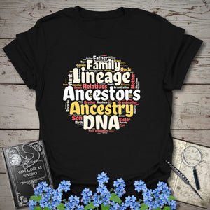 Ancestors Word Cloud T-Shirt in Black by Genealogy Keepsakes