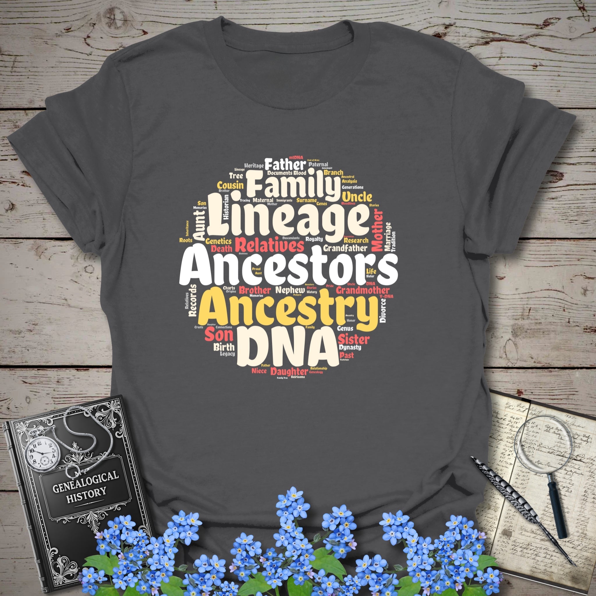 Ancestors Word Cloud T-Shirt in Charcoal by Genealogy Keepsakes