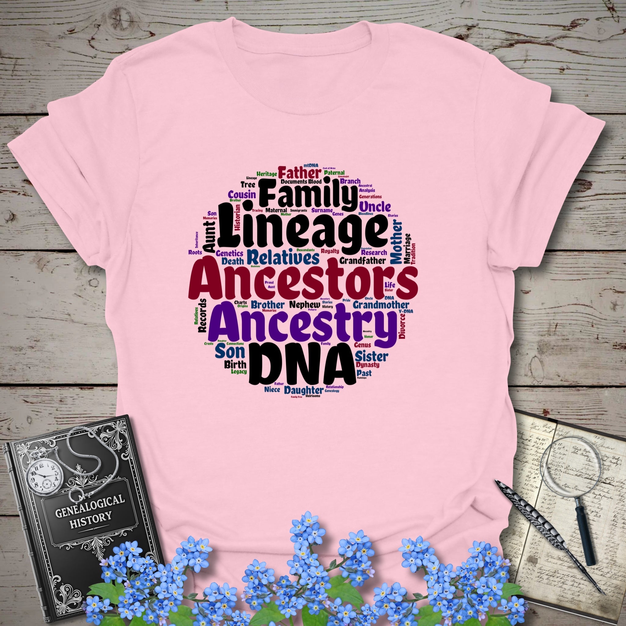 Ancestors Word Cloud T-Shirt in Light Pink by Genealogy Keepsakes