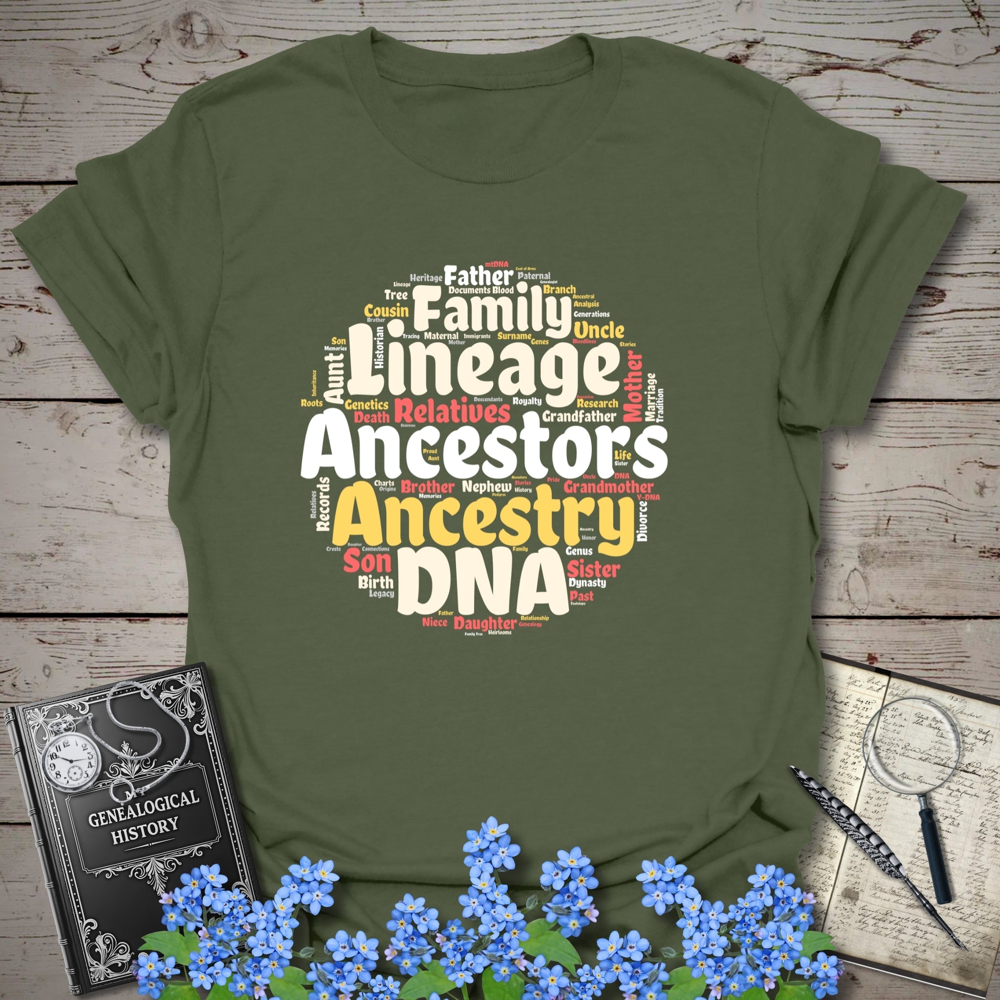 Ancestors Word Cloud T-Shirt in Military Green by Genealogy Keepsakes