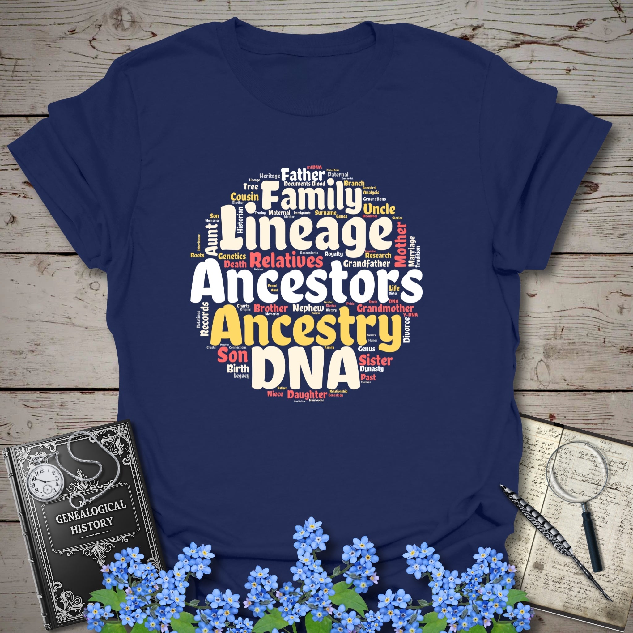 Ancestors Word Cloud T-Shirt in Navy by Genealogy Keepsakes