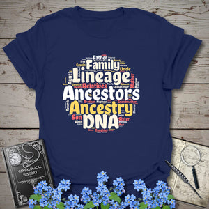 Ancestors Word Cloud T-Shirt in Navy by Genealogy Keepsakes