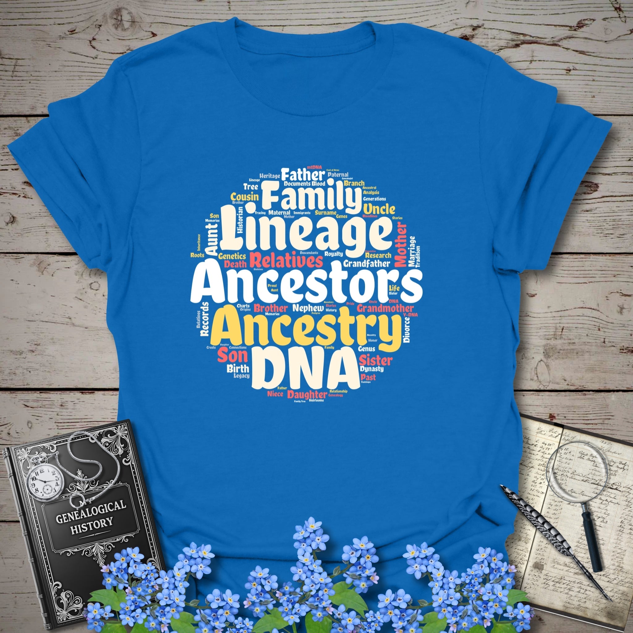 Ancestors Word Cloud T-Shirt in Royal by Genealogy Keepsakes