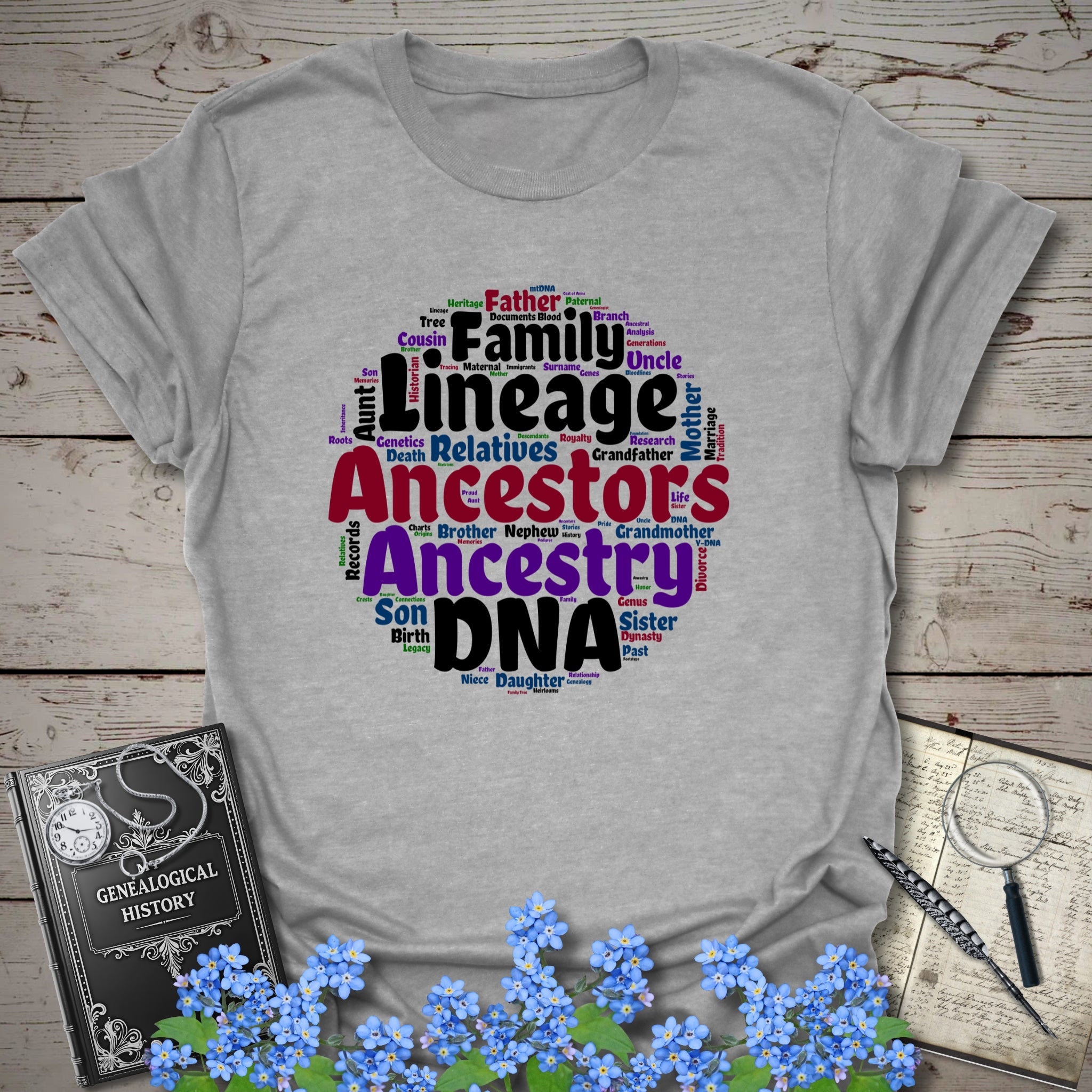Ancestors Word Cloud T-Shirt in Sport Grey by Genealogy Keepsakes