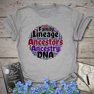 Ancestors Word Cloud T-Shirt in Sport Grey by Genealogy Keepsakes