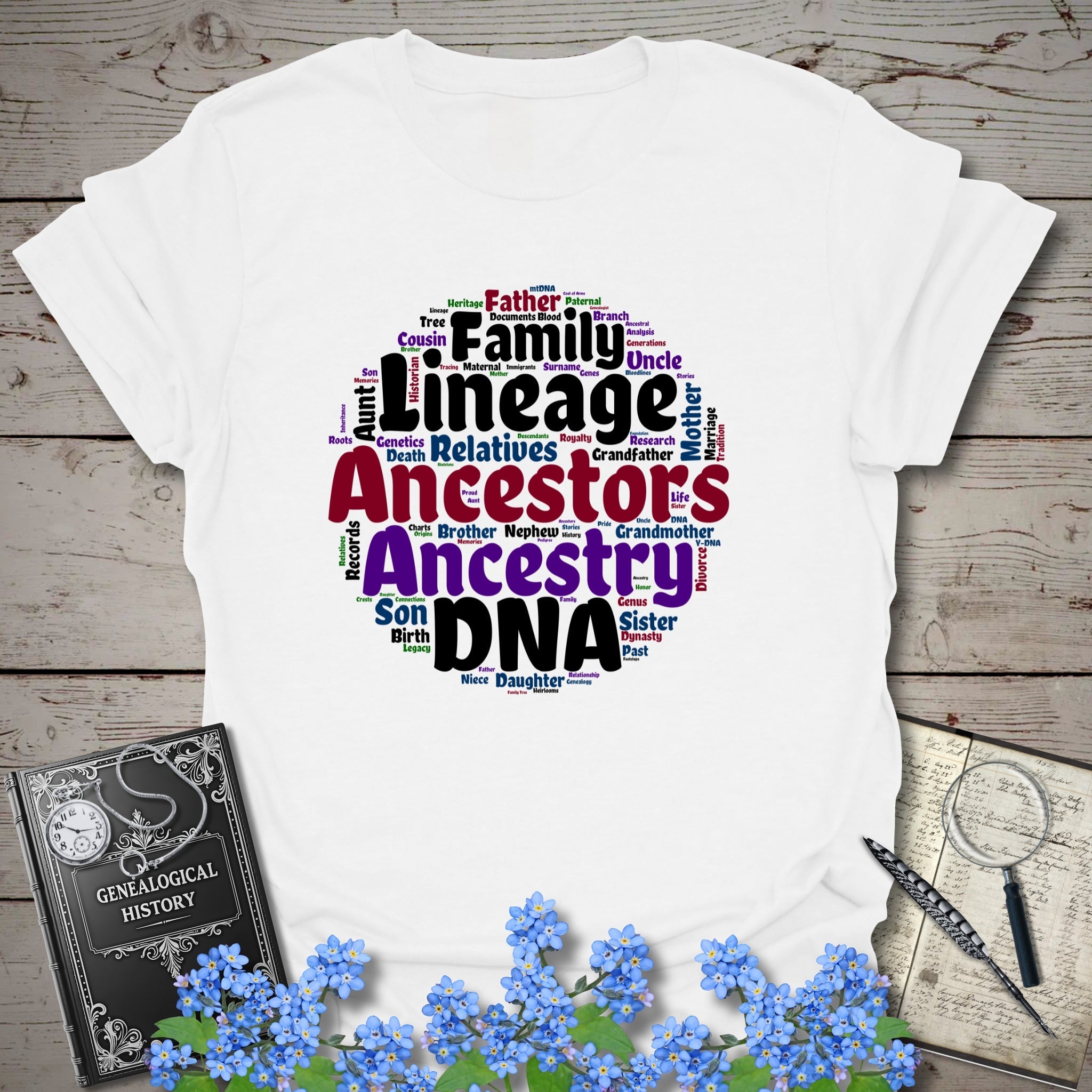 Ancestors Word Cloud T-Shirt in White by Genealogy Keepsakes