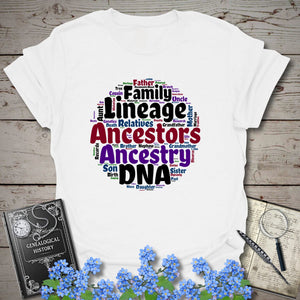 Ancestors Word Cloud T-Shirt in White by Genealogy Keepsakes