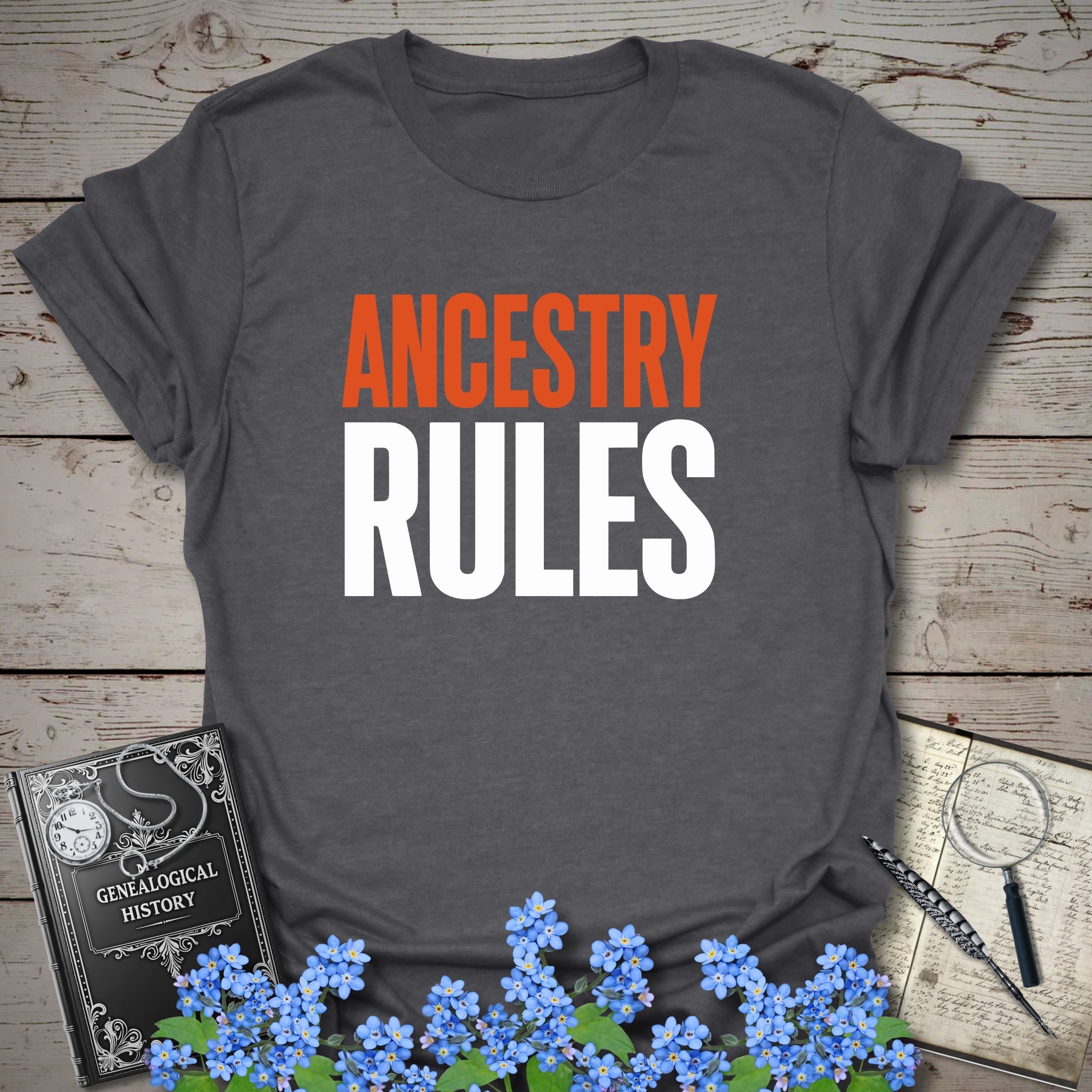 Ancestry Rules T-Shirt in Dark Heather Grey by Genealogy Keepsakes