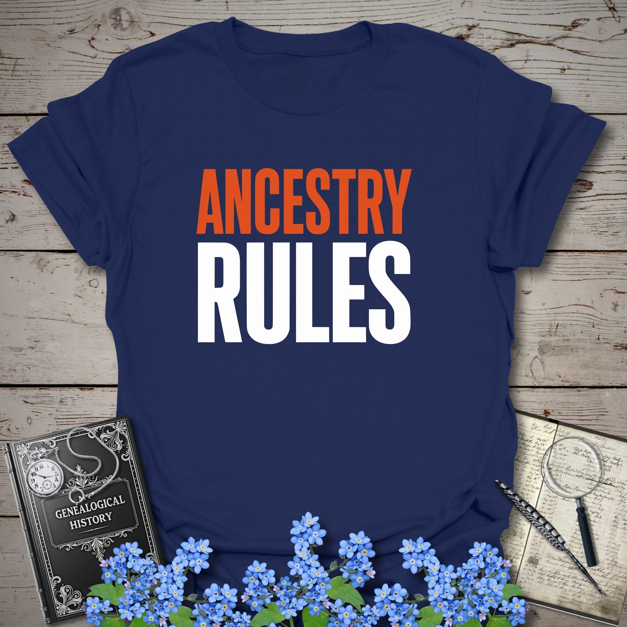 Ancestry Rules T-Shirt in Navy by Genealogy Keepsakes