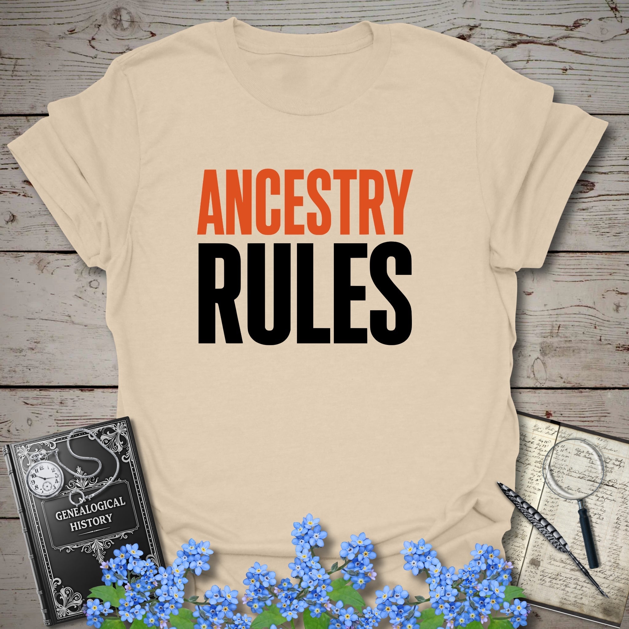 Ancestry Rules T-Shirt in Sand by Genealogy Keepsakes