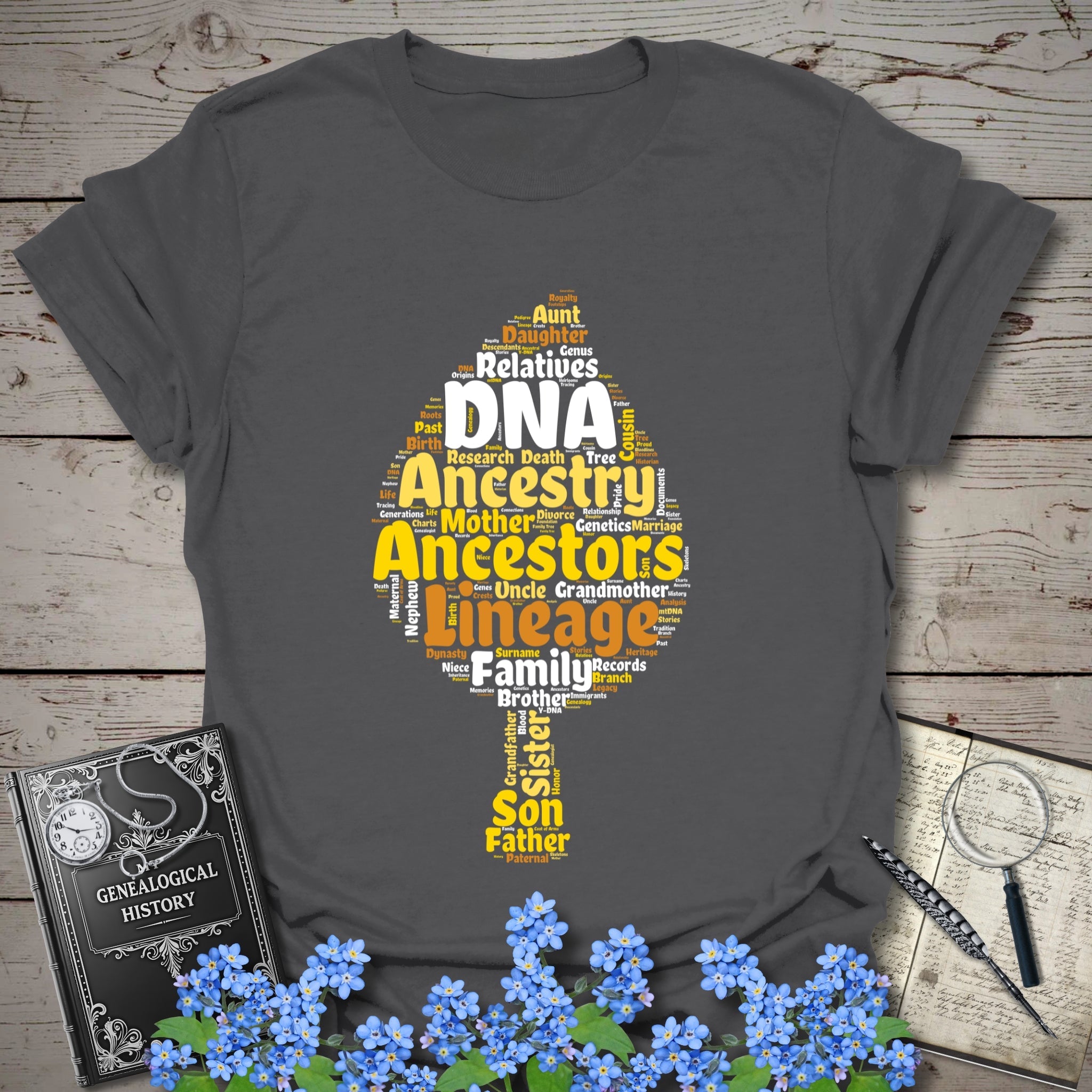 Ancestry Word Cloud T-Shirt in Charcoal by Genealogy Keepsakes