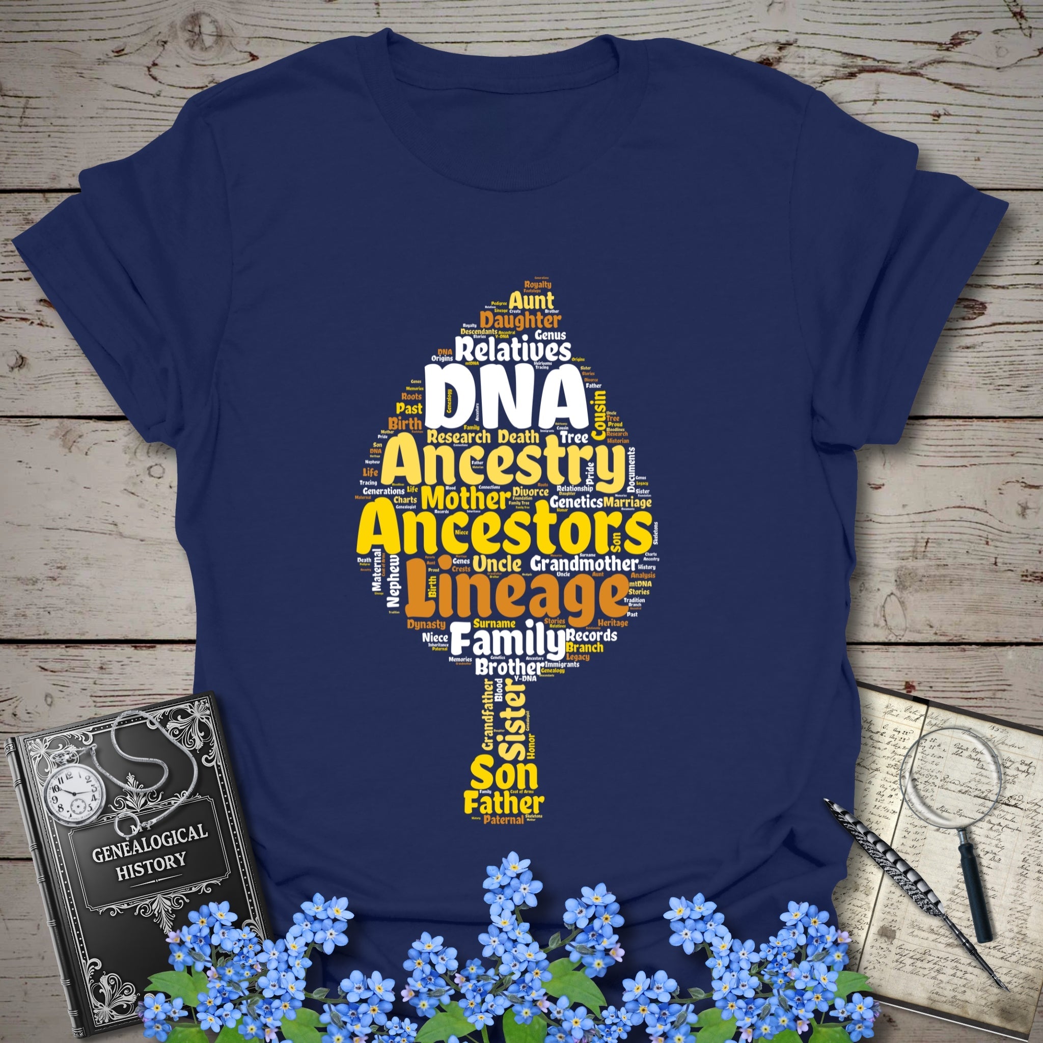 Ancestry Word Cloud T-Shirt in Navy by Genealogy Keepsakes