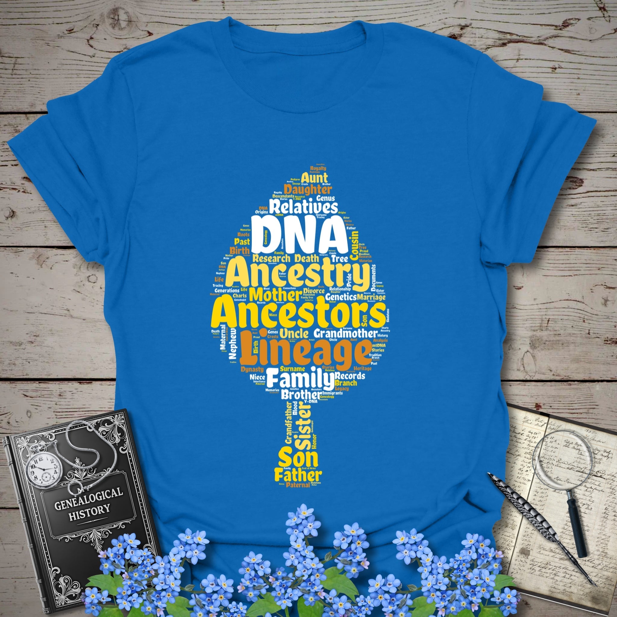 Ancestry Word Cloud T-Shirt in Royal by Genealogy Keepsakes