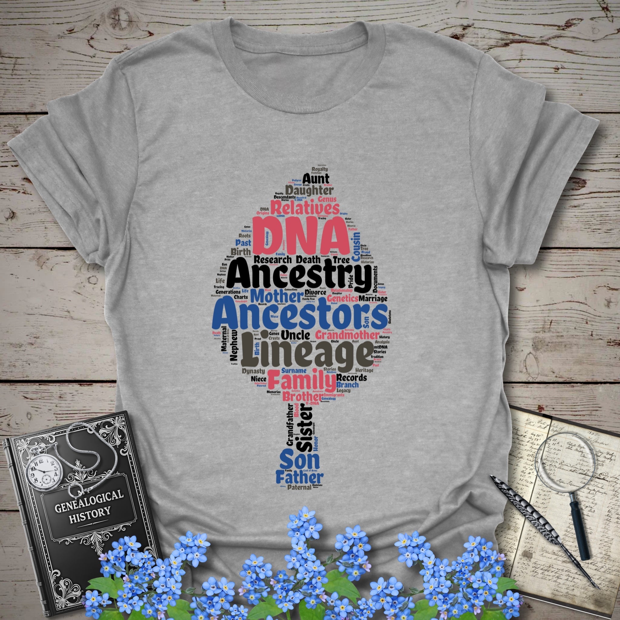 Ancestry Word Cloud T-Shirt in Sport Grey by Genealogy Keepsakes