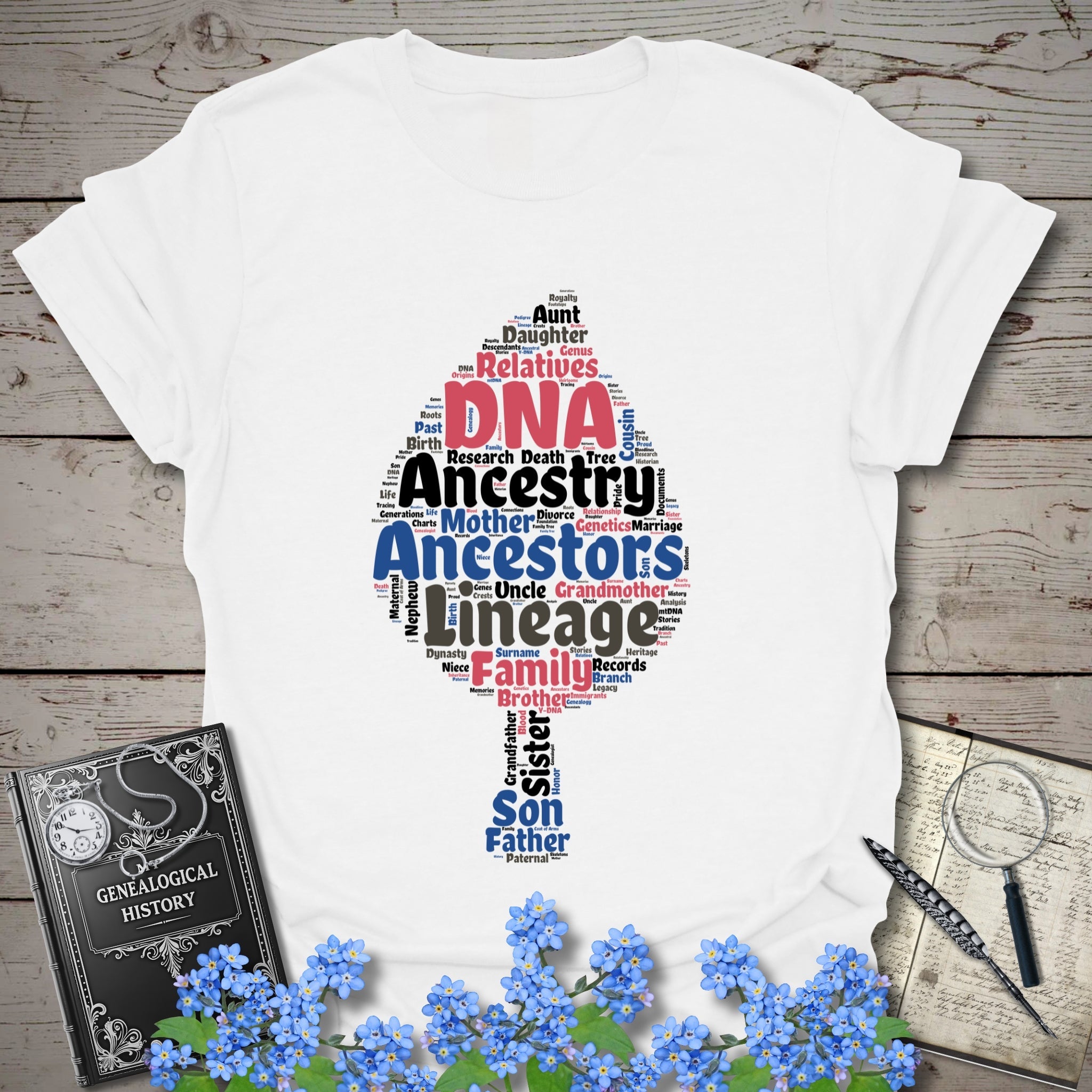 Ancestry Word Cloud T-Shirt in White by Genealogy Keepsakes