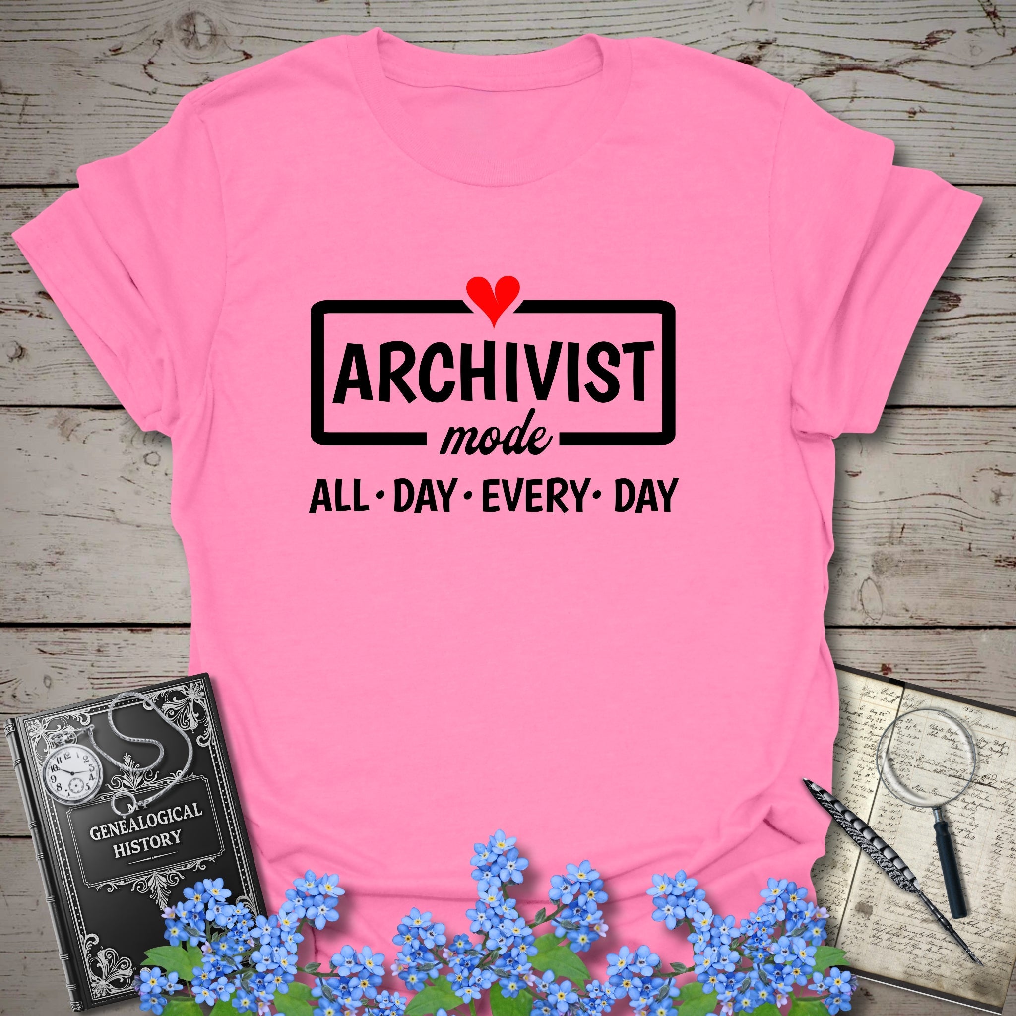 Archivist Mode T-Shirt in Azalea by Genealogy Keepsakes