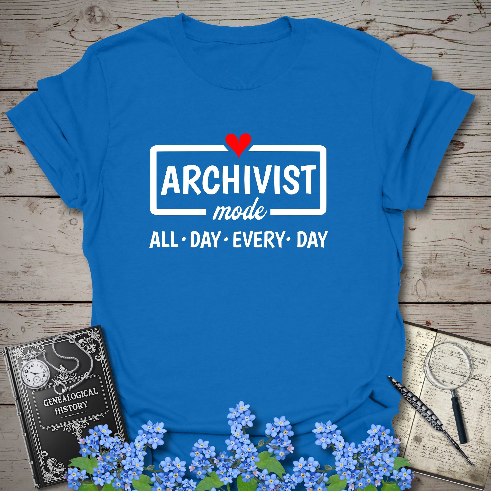 Archivist Mode T-Shirt in Royal by Genealogy Keepsakes