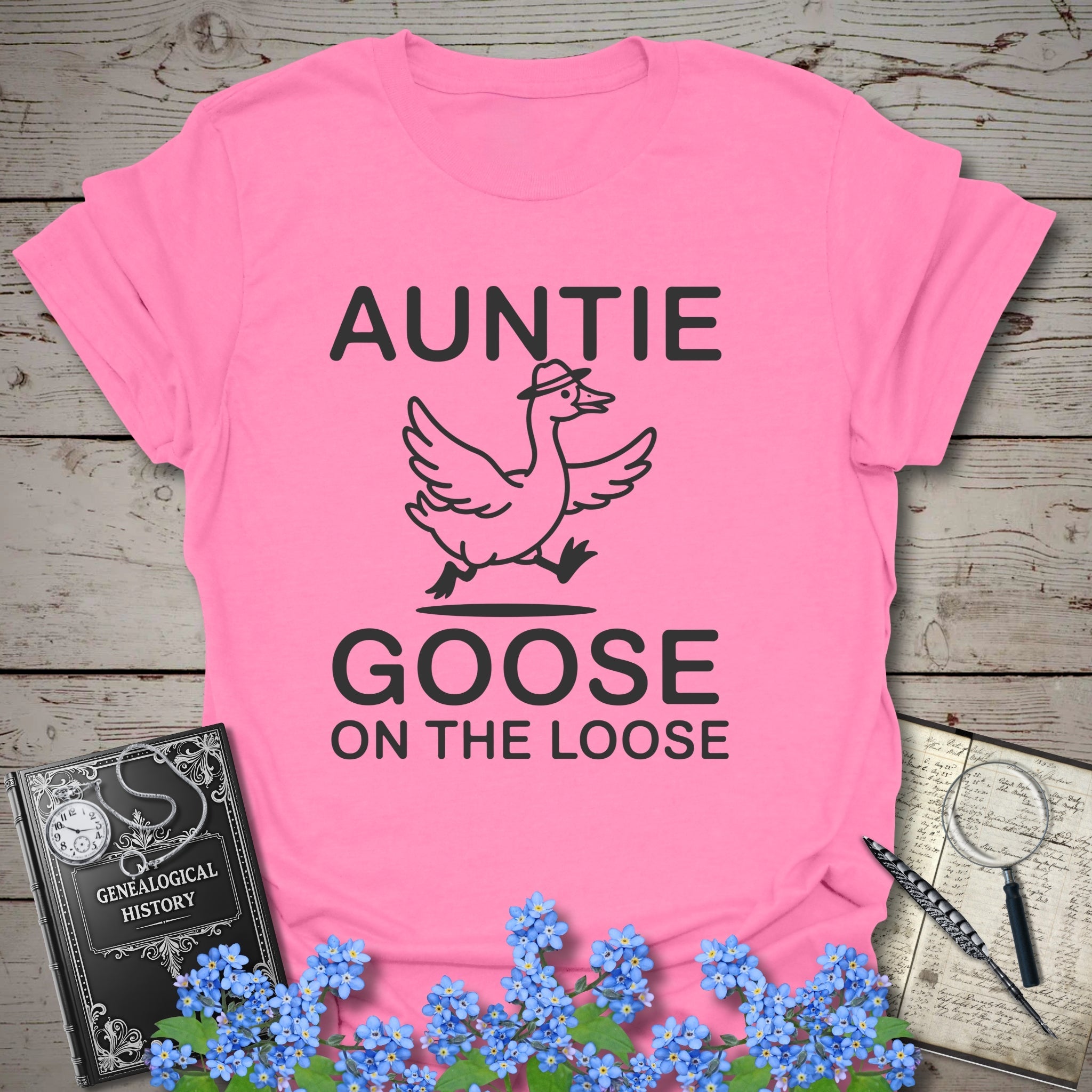 Auntie Goose On The Loose T-Shirt in Azalea by Genealogy Keepsakes