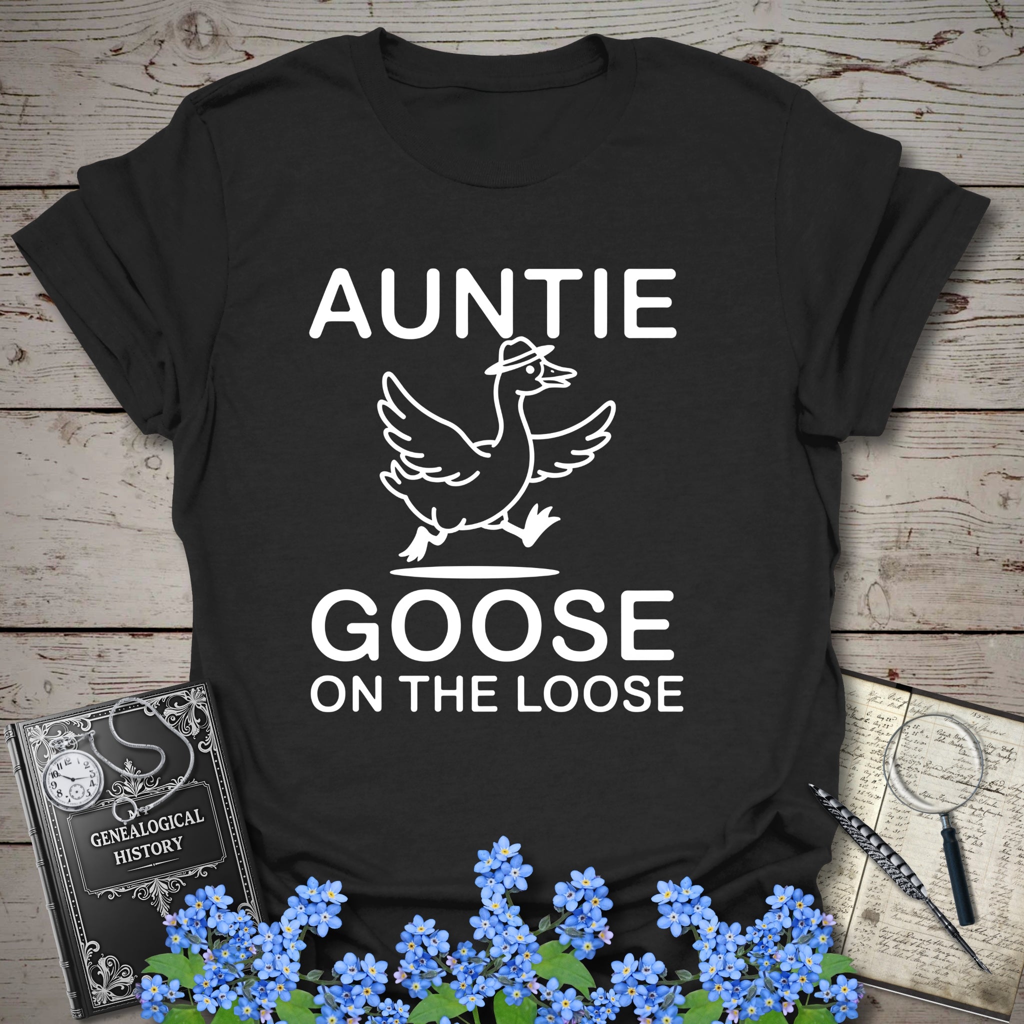 Auntie Goose On The Loose T-Shirt in Black by Genealogy Keepsakes
