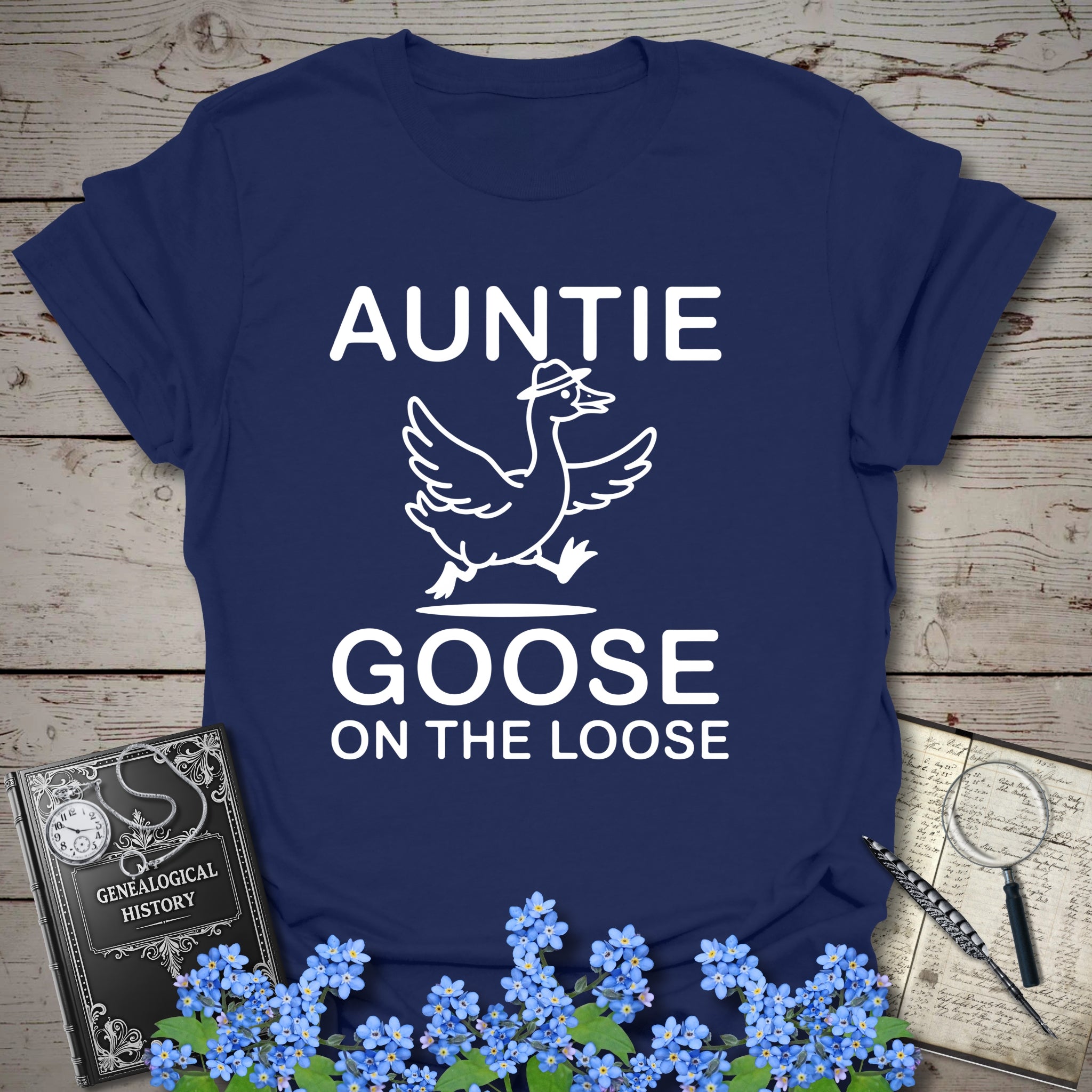 Auntie Goose On The Loose T-Shirt in Navy by Genealogy Keepsakes