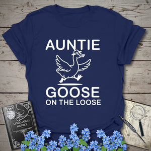 Auntie Goose On The Loose T-Shirt in Navy by Genealogy Keepsakes