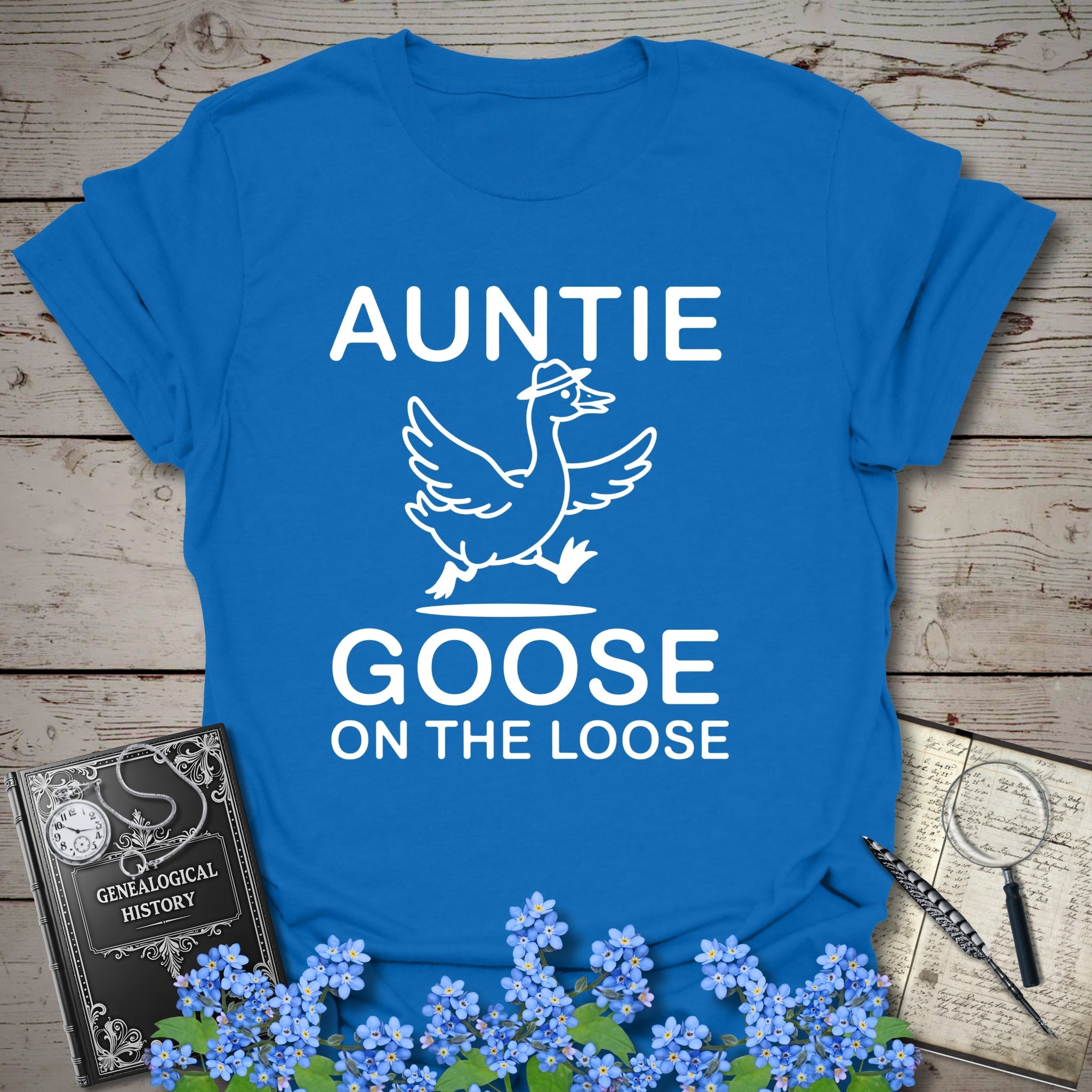 Auntie Goose On The Loose T-Shirt in Royal by Genealogy Keepsakes