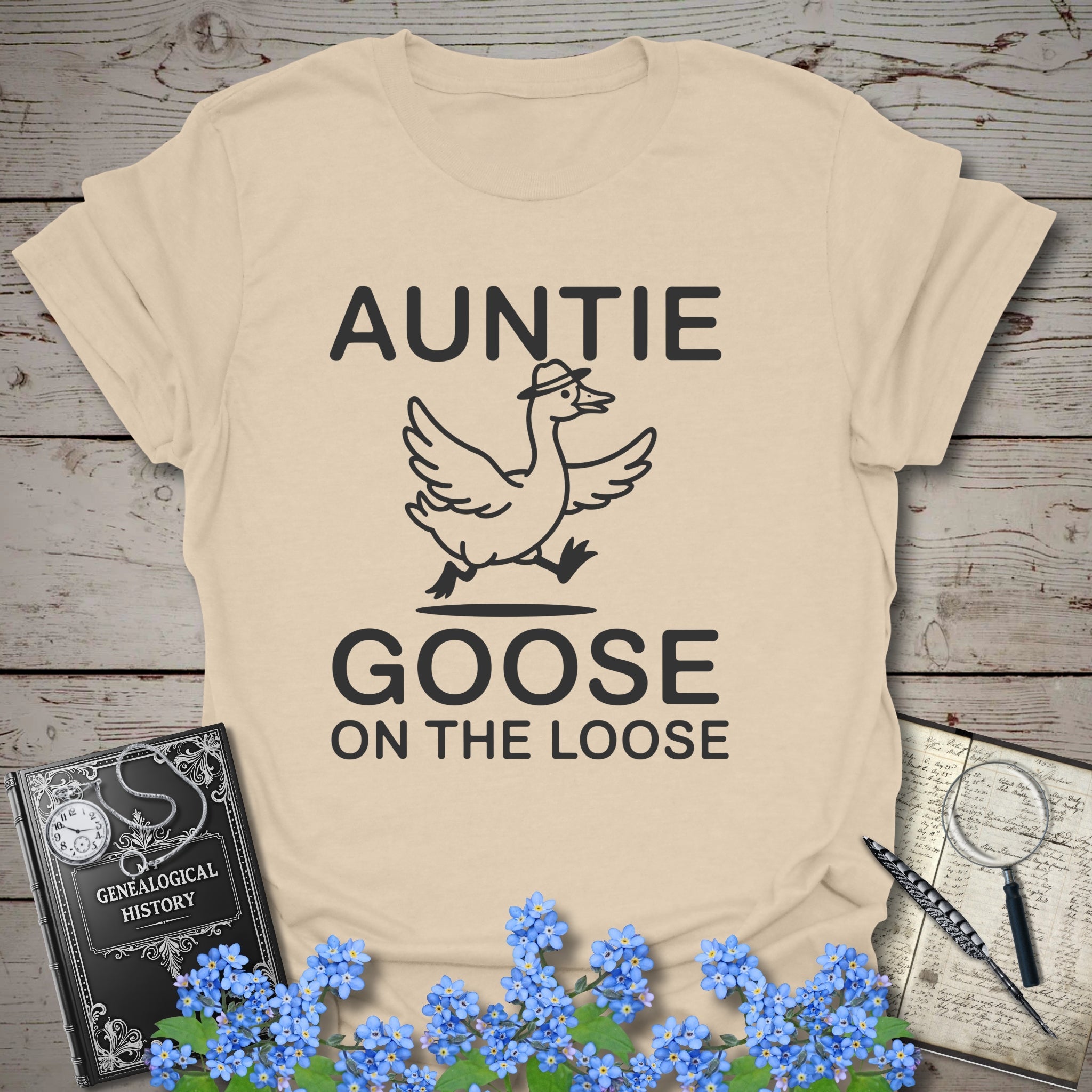 Auntie Goose On The Loose T-Shirt in Sand by Genealogy Keepsakes