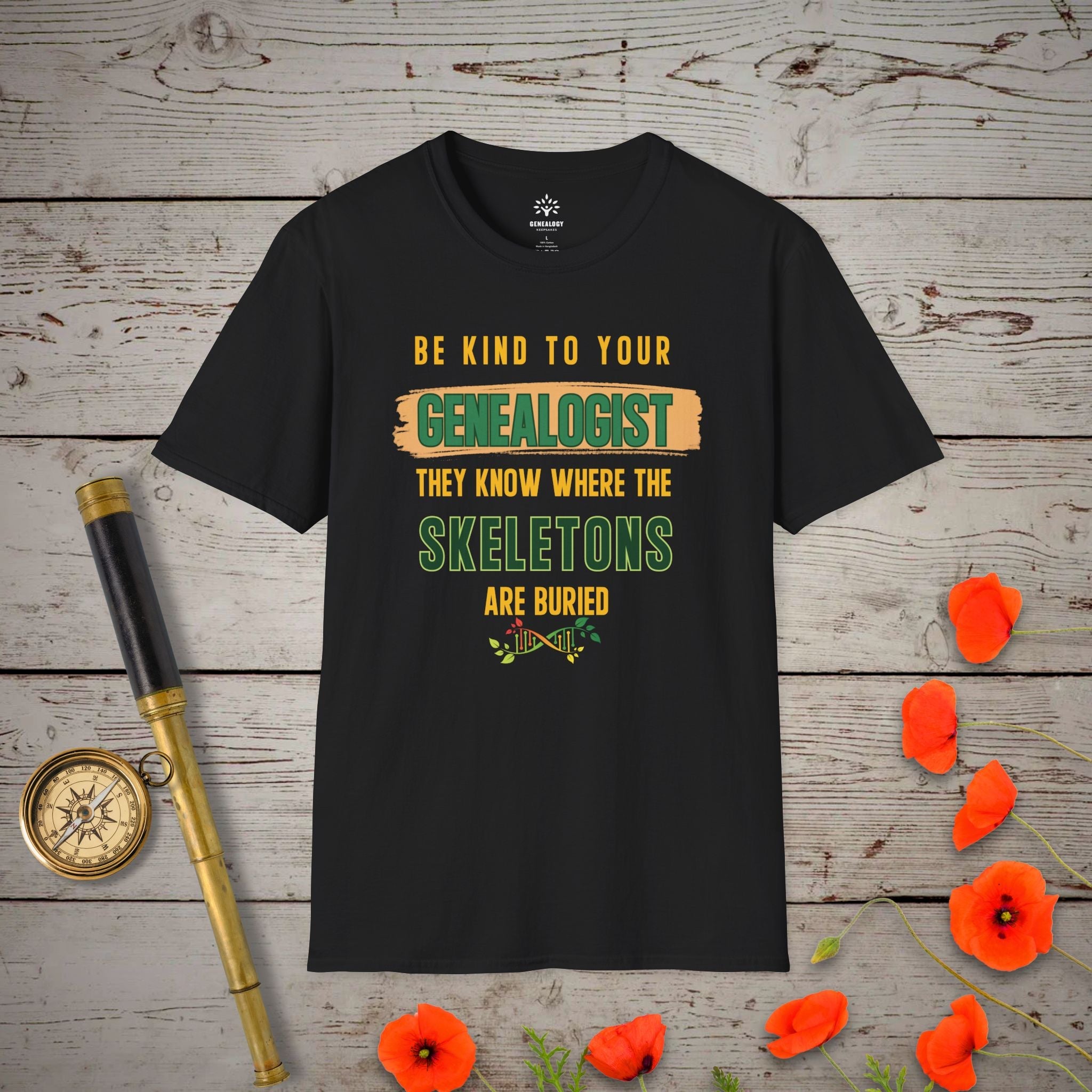 Be Kind To Your Genealogist T-Shirt in Black by Genealogy Keepsakes