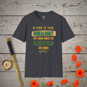 Be Kind To Your Genealogist T-Shirt in Dark Heather Grey by Genealogy Keepsakes
