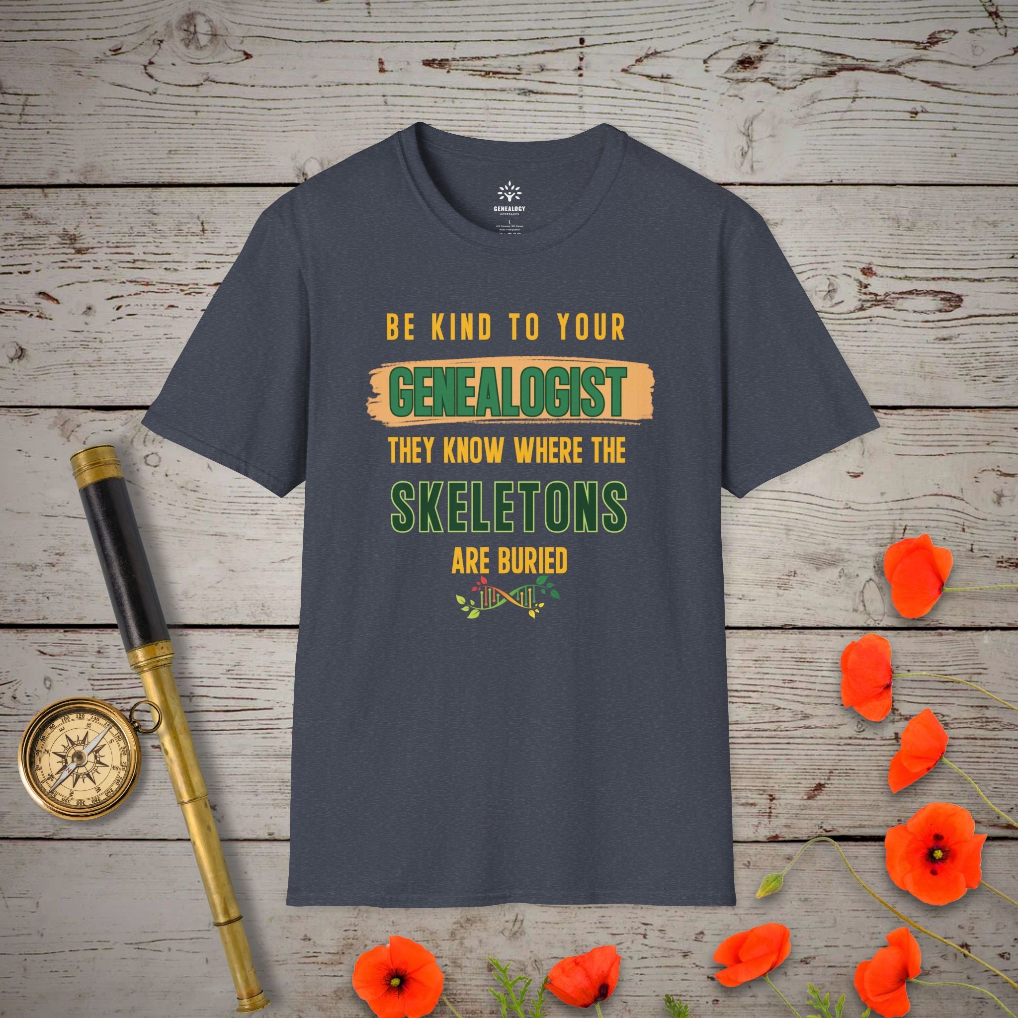 Be Kind To Your Genealogist T-Shirt in Heather Navy by Genealogy Keepsakes