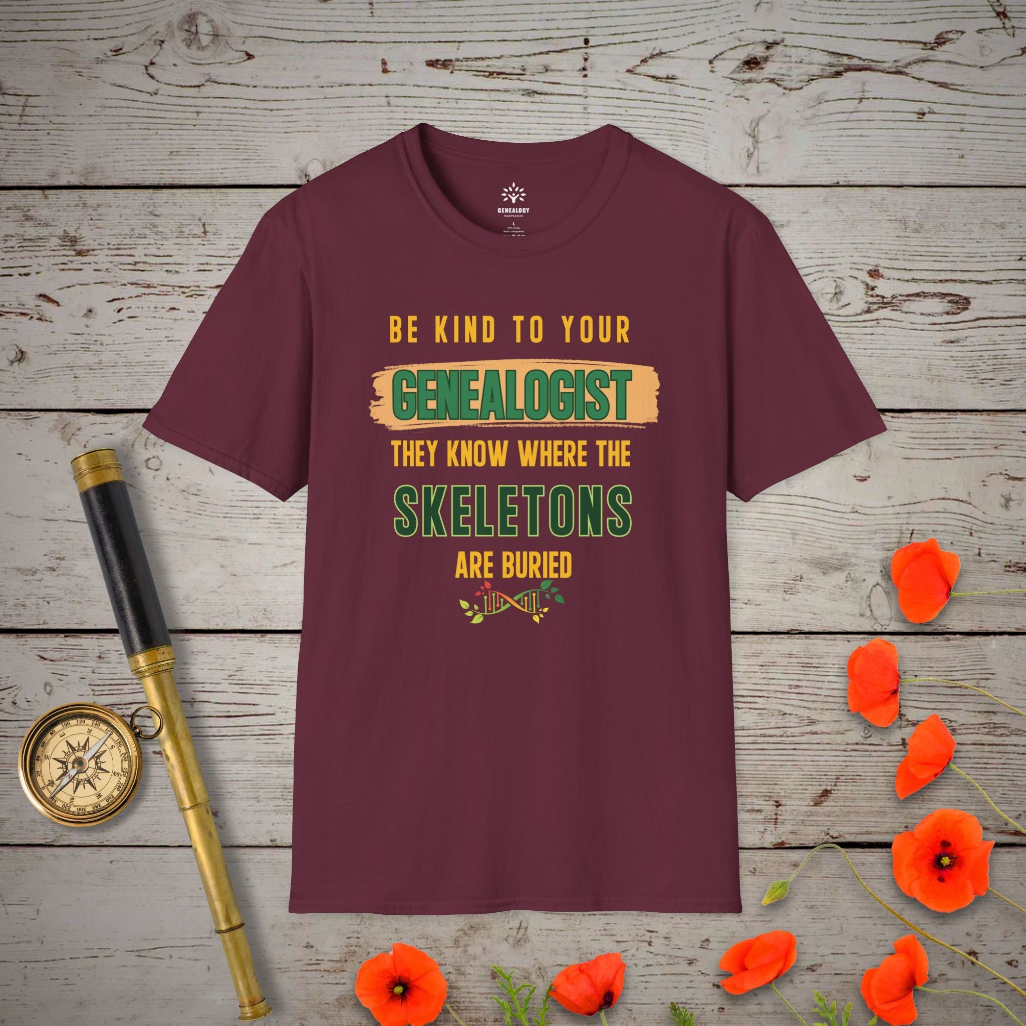 Be Kind To Your Genealogist T-Shirt in Maroon by Genealogy Keepsakes