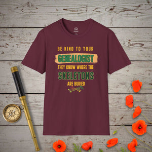 Be Kind To Your Genealogist T-Shirt in Maroon by Genealogy Keepsakes