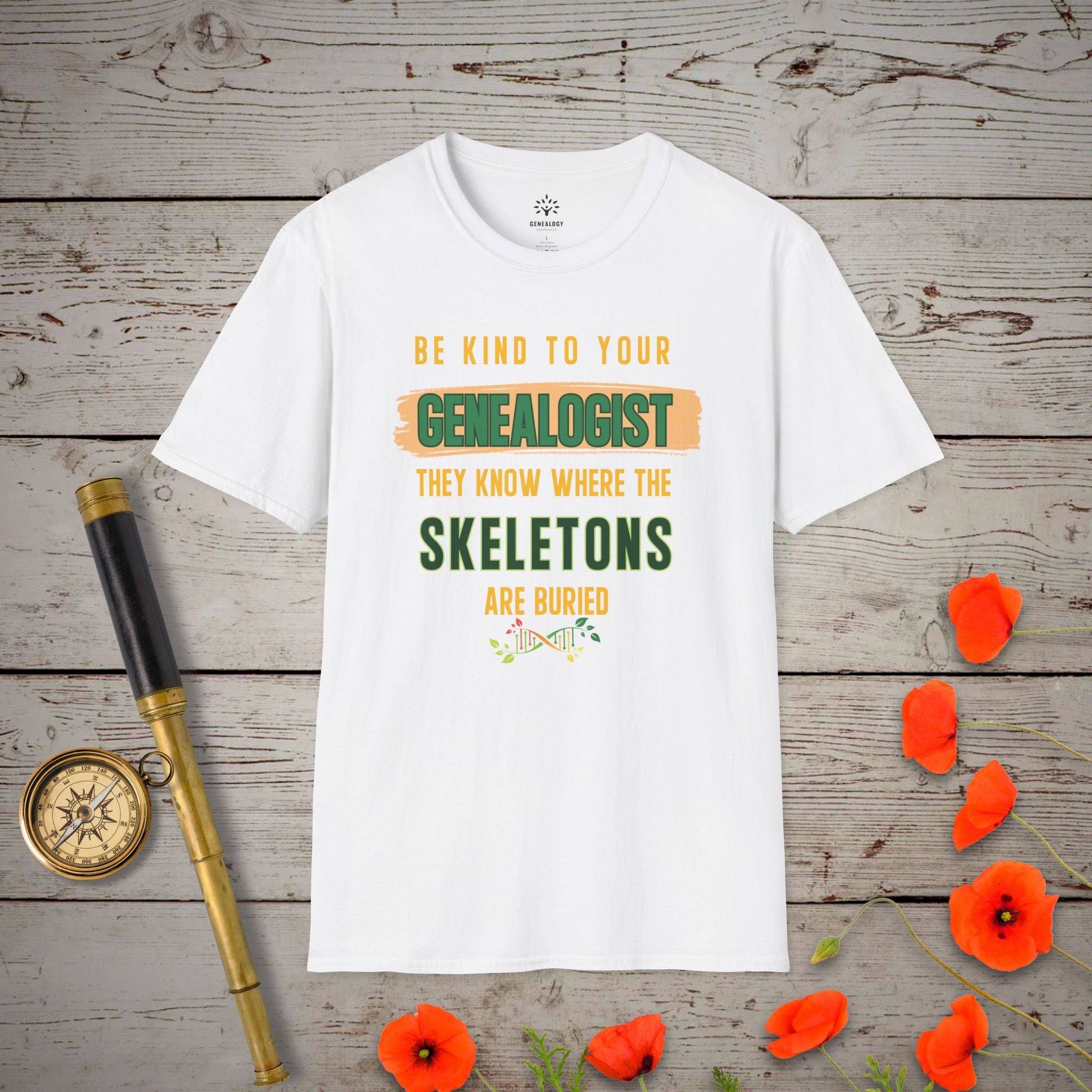 Be Kind To Your Genealogist T-Shirt in White by Genealogy Keepsakes