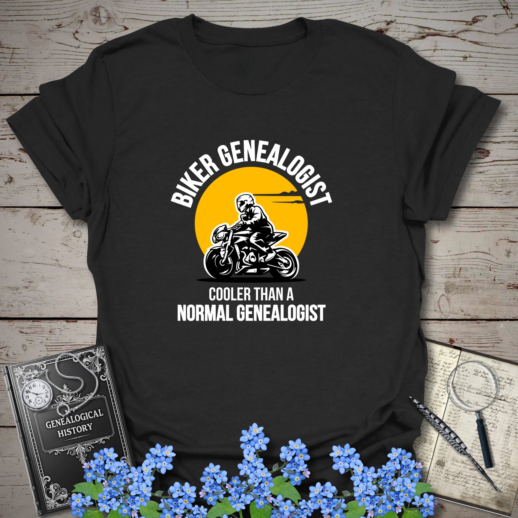 Biker Genealogist T-Shirt in Black by Genealogy Keepsakes
