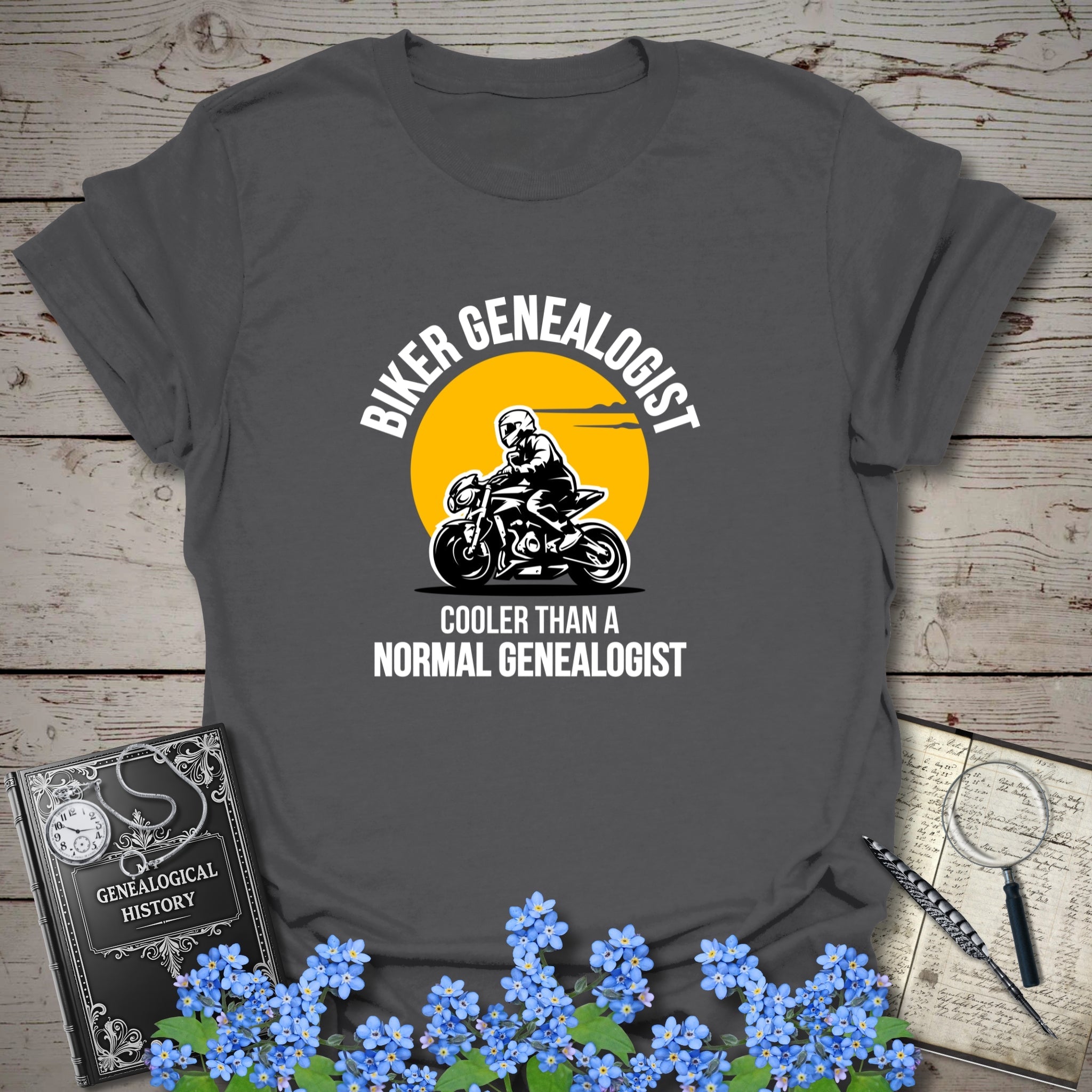Biker Genealogist T-Shirt in Charcoal by Genealogy Keepsakes