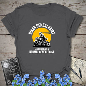 Biker Genealogist T-Shirt in Charcoal by Genealogy Keepsakes