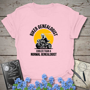Biker Genealogist T-Shirt in Light Pink by Genealogy Keepsakes