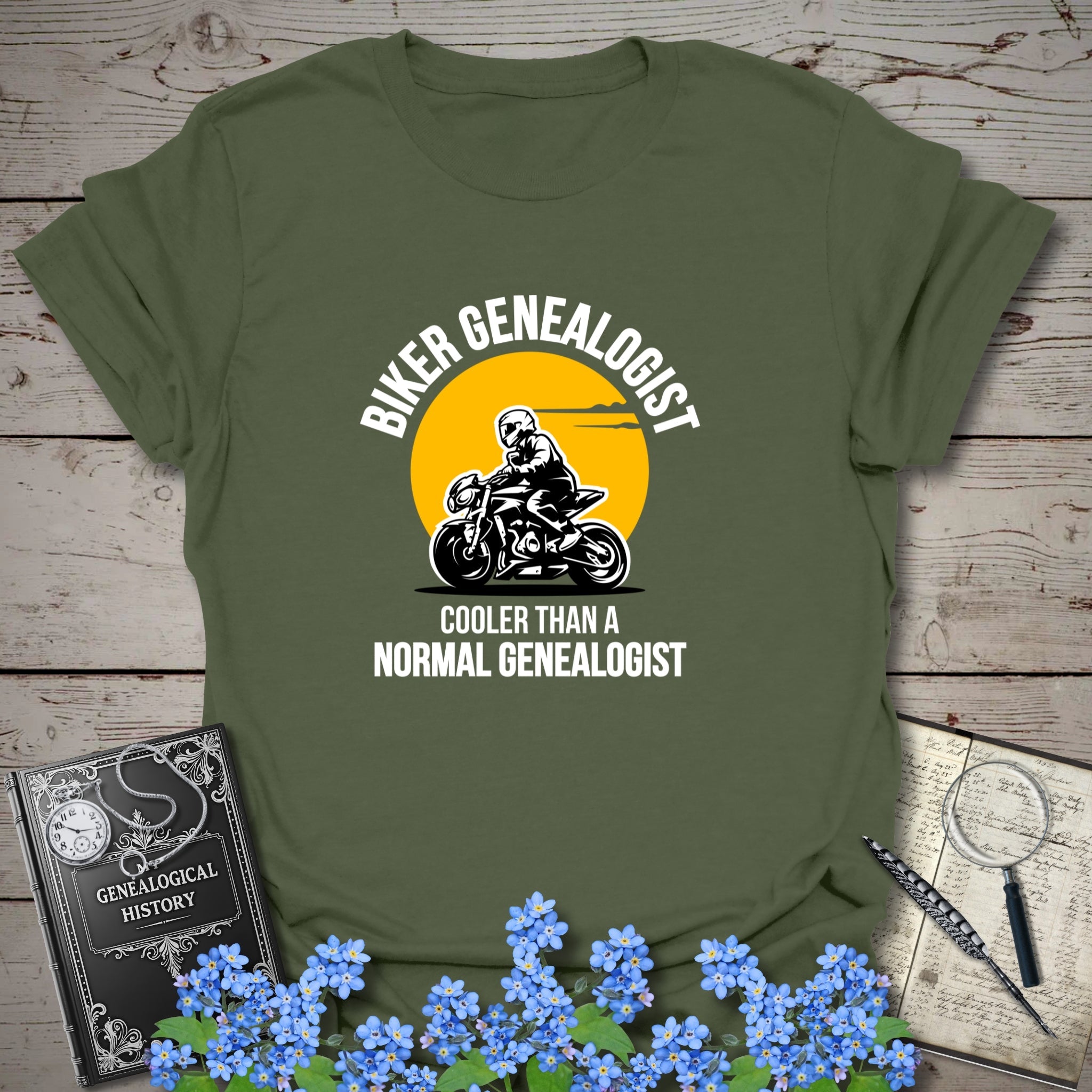 Biker Genealogist T-Shirt in Military Green by Genealogy Keepsakes