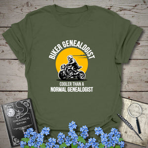 Biker Genealogist T-Shirt in Military Green by Genealogy Keepsakes