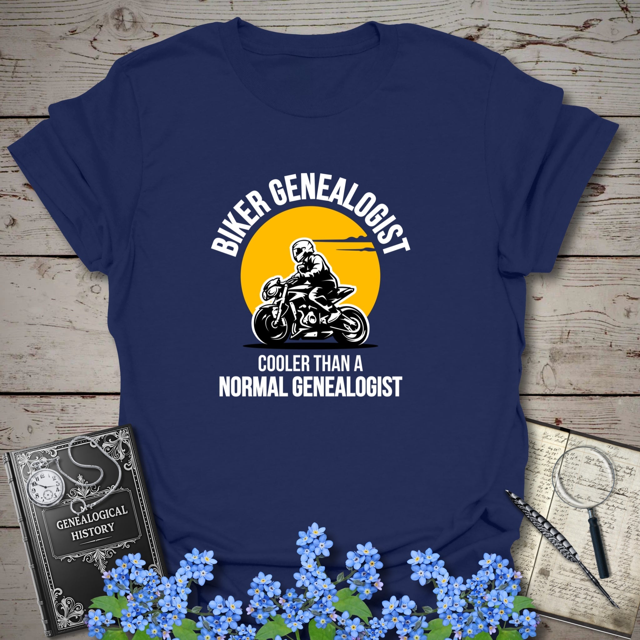 Biker Genealogist T-Shirt in Navy by Genealogy Keepsakes