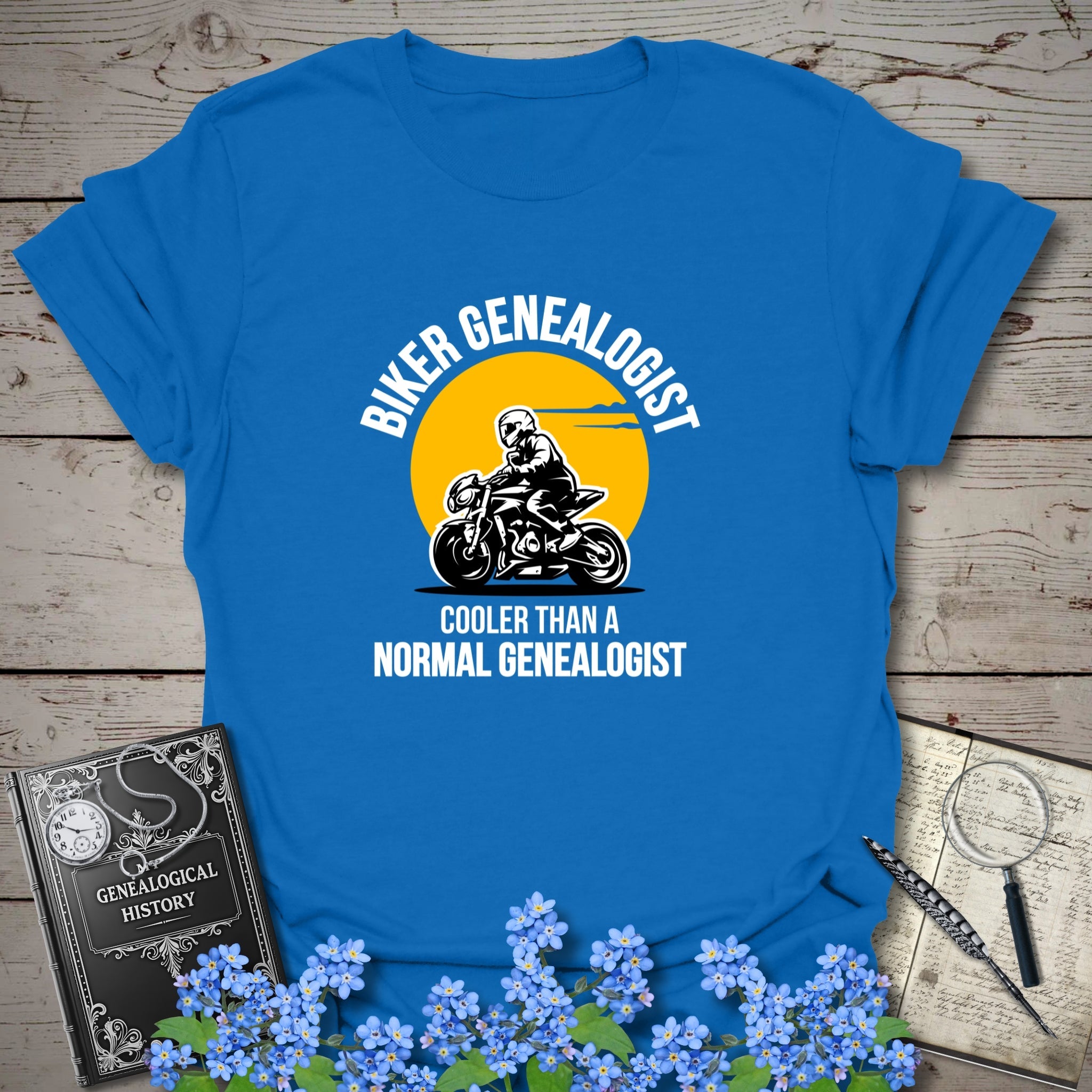 Biker Genealogist T-Shirt in Royal by Genealogy Keepsakes