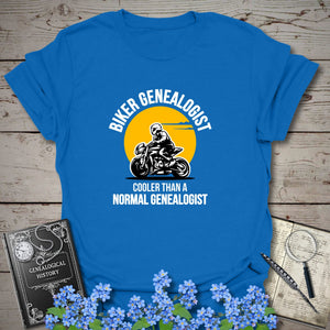 Biker Genealogist T-Shirt in Royal by Genealogy Keepsakes