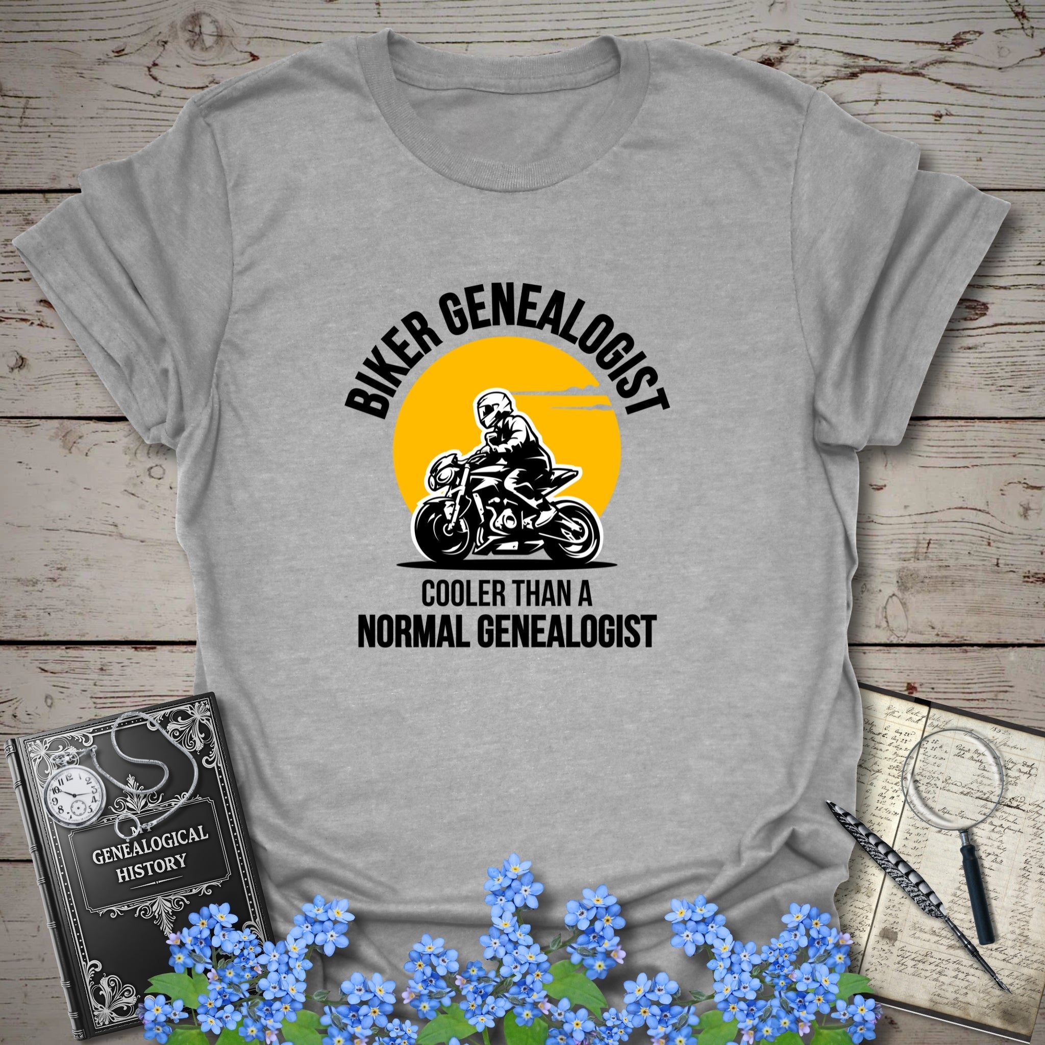 Biker Genealogist T-Shirt in Sport Grey by Genealogy Keepsakes