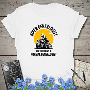 Biker Genealogist T-Shirt in White by Genealogy Keepsakes