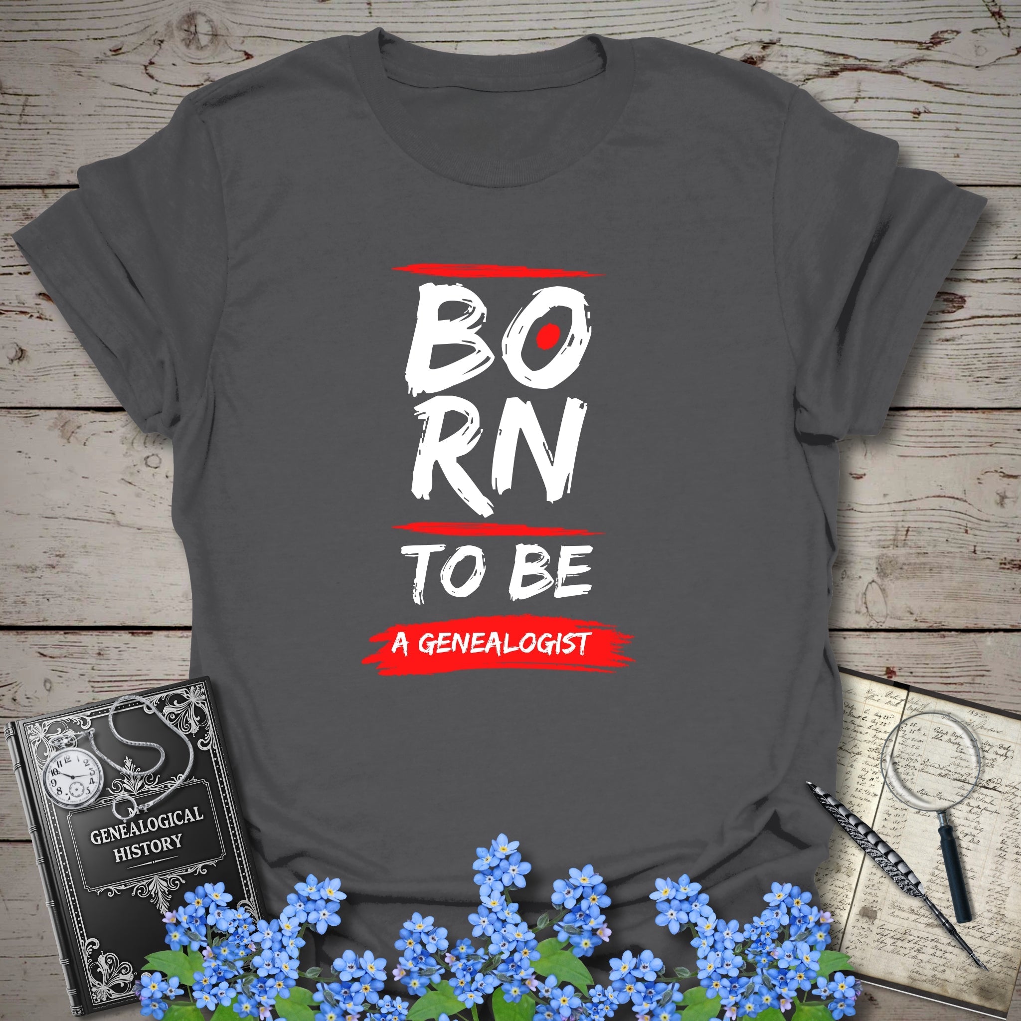 Born to be a Genealogist T-Shirt in Charcoal by Genealogy Keepsakes