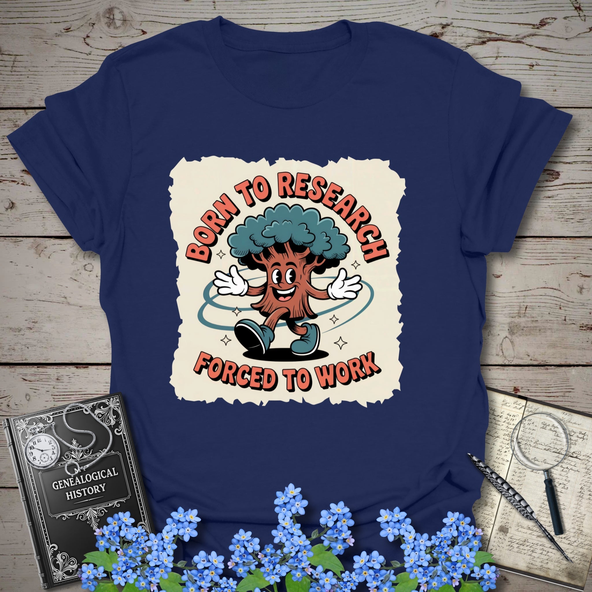 Born To Research, Forced To Work T-Shirt in Navy by Genealogy Keepsakes