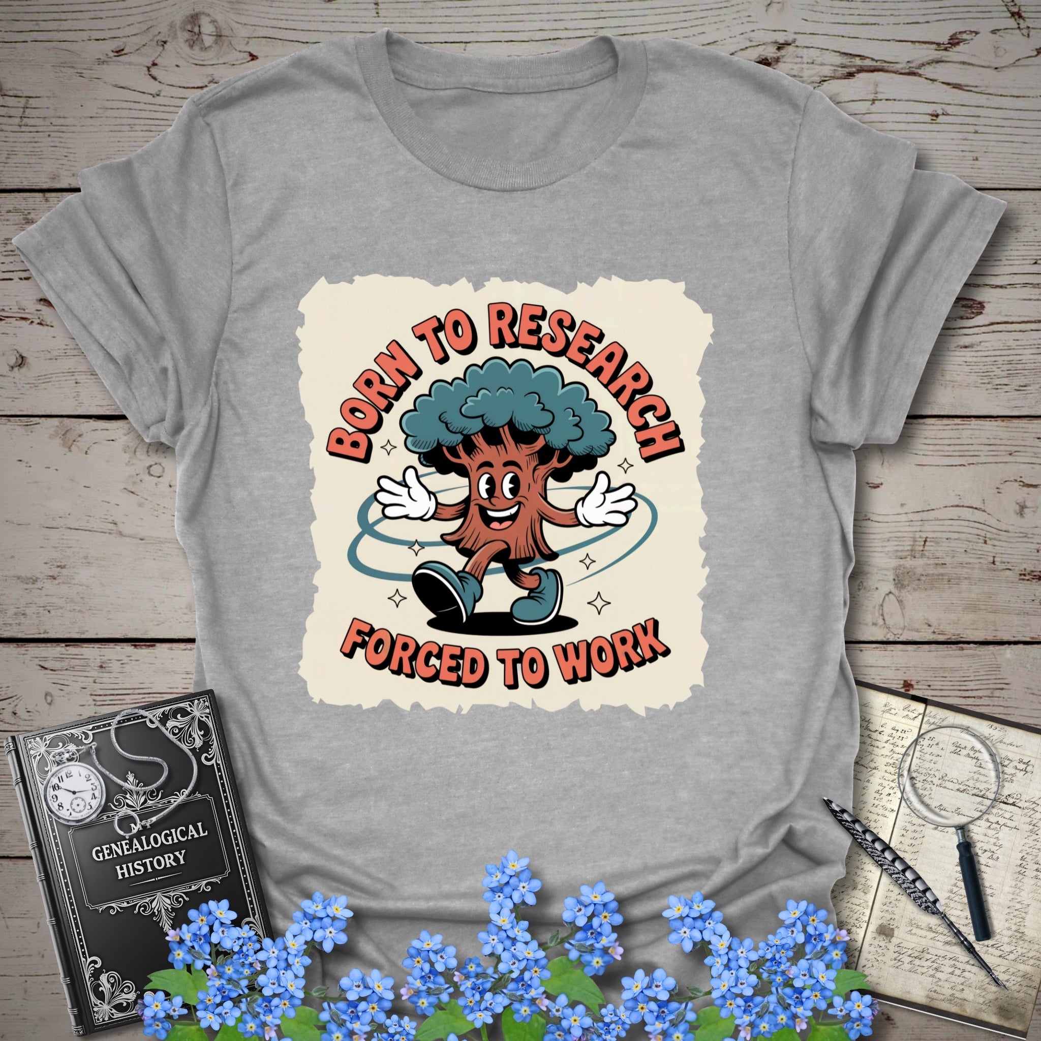 Born To Research, Forced To Work T-Shirt in Sport Grey by Genealogy Keepsakes