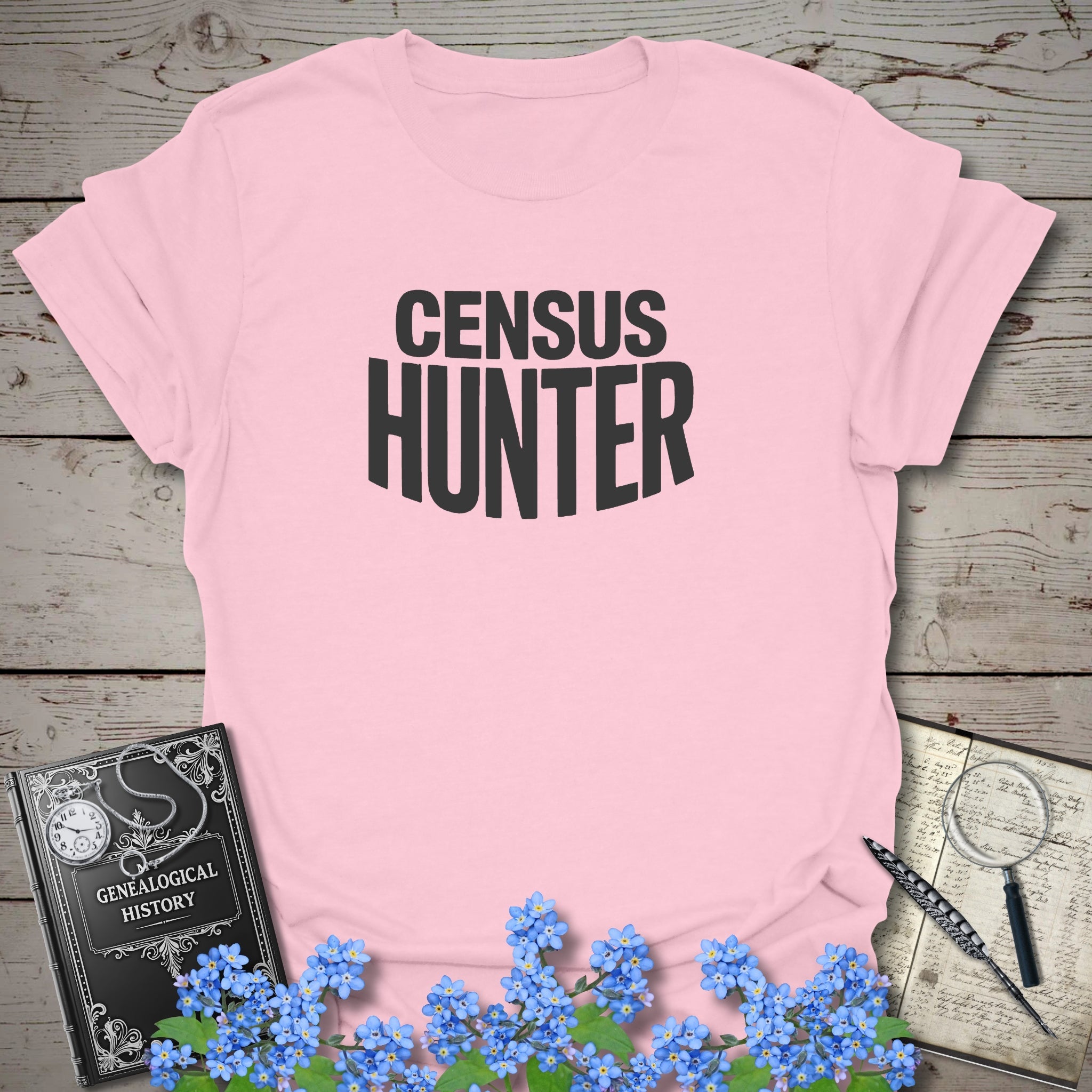 Census Hunter T-Shirt in Light Pink by Genealogy Keepsakes