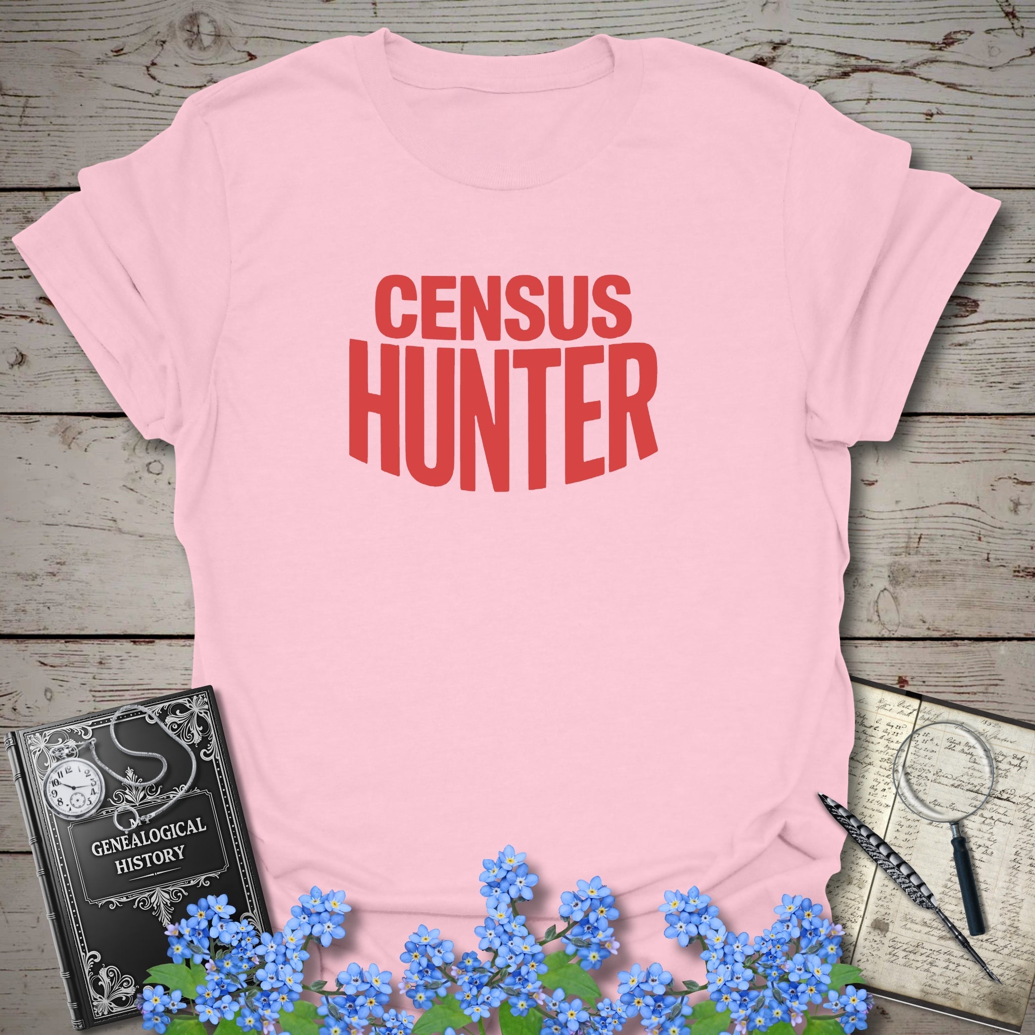 Census Hunter T-Shirt in Light Pink by Genealogy Keepsakes