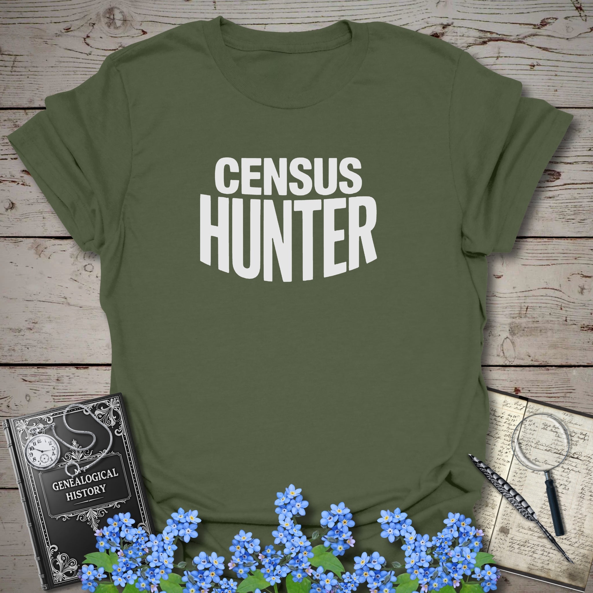 Census Hunter T-Shirt in Military Green by Genealogy Keepsakes